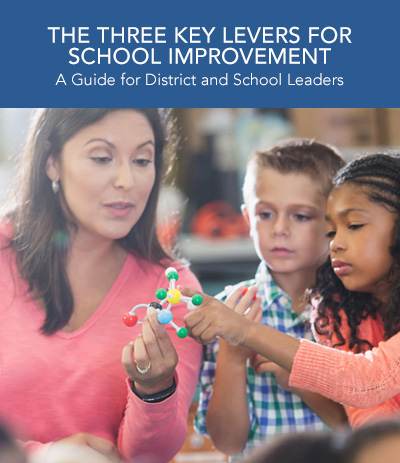 The cover of the K12 Coalition eBook "The Three Key Levers for School Improvement" featuring a teacher and students.