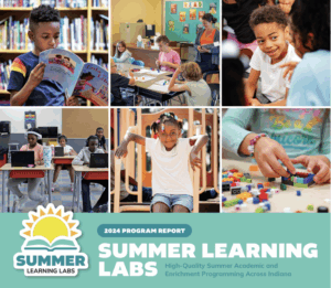 Collage of children participating in Summer Learning Labs activities, including reading books, working on laptops, building with LEGO bricks, collaborating in classrooms, and playing outside. Text reads: "2024 Program Report, Summer Learning Labs – High-Quality Summer Academic and Enrichment Programming Across Indiana."