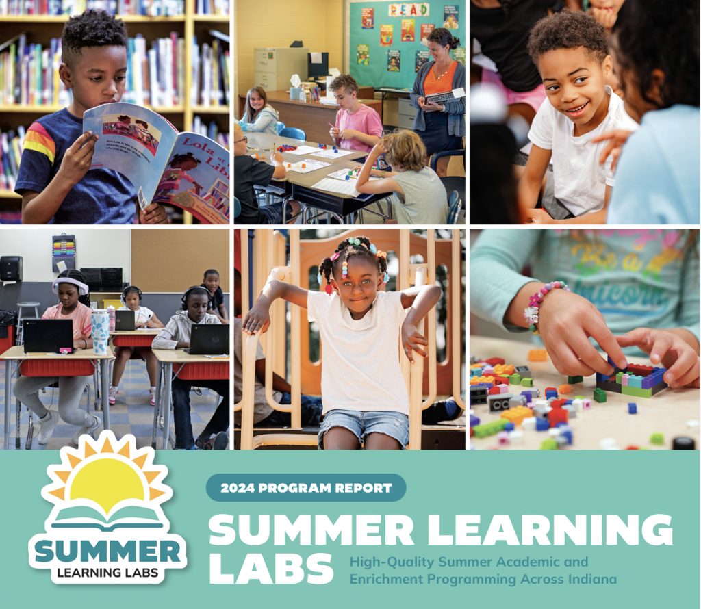 Collage of children participating in Summer Learning Labs activities, including reading books, working on laptops, building with LEGO bricks, collaborating in classrooms, and playing outside. Text reads: "2024 Program Report, Summer Learning Labs – High-Quality Summer Academic and Enrichment Programming Across Indiana."